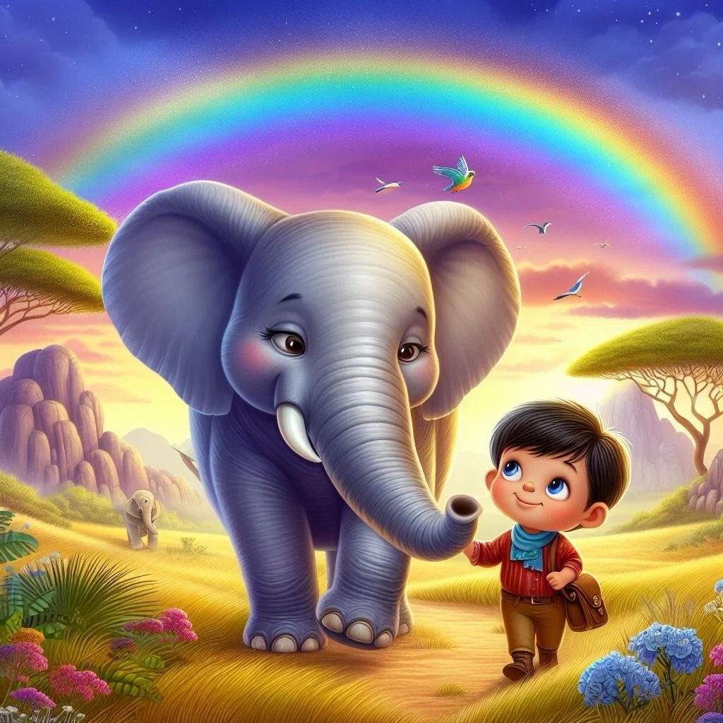 elephant et garcon arc en ciel